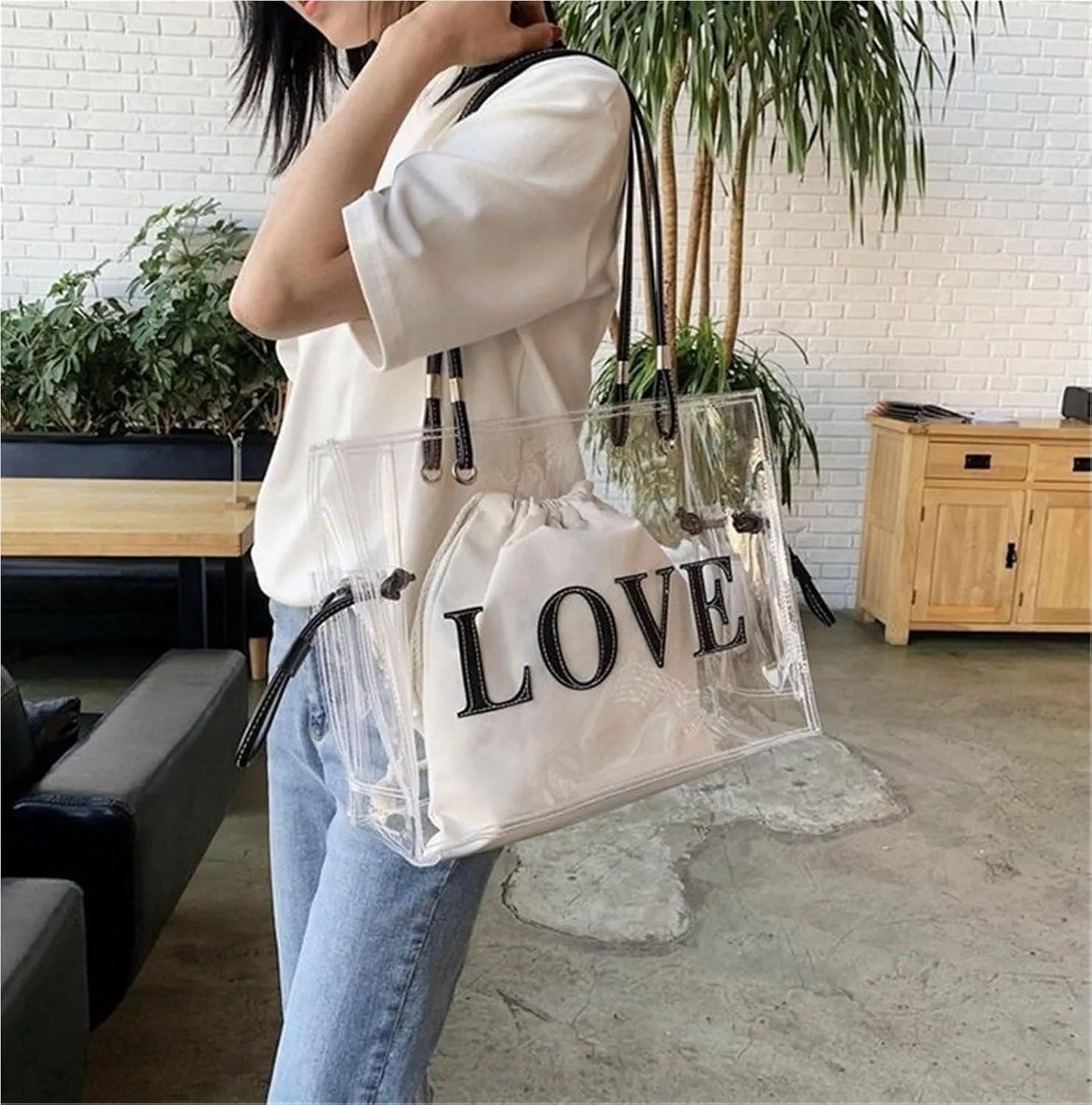 Clear Tote Bags Large Shoulder Bags PVC Beach Totes with Interior Bag Transparent Handbags for Women
