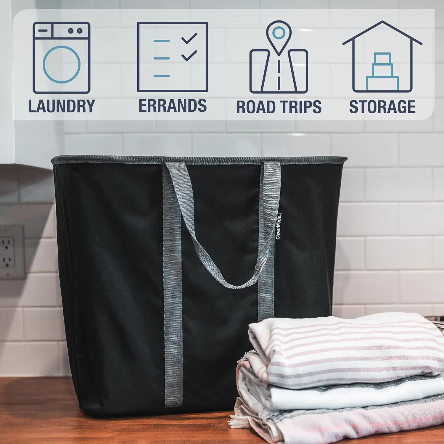 CleverMade Collapsible Laundry Caddy - Midnight Black Shadow Gray 2Pack 64L - Foldable Storage Organization Container for Clothes Laundry Room Storage