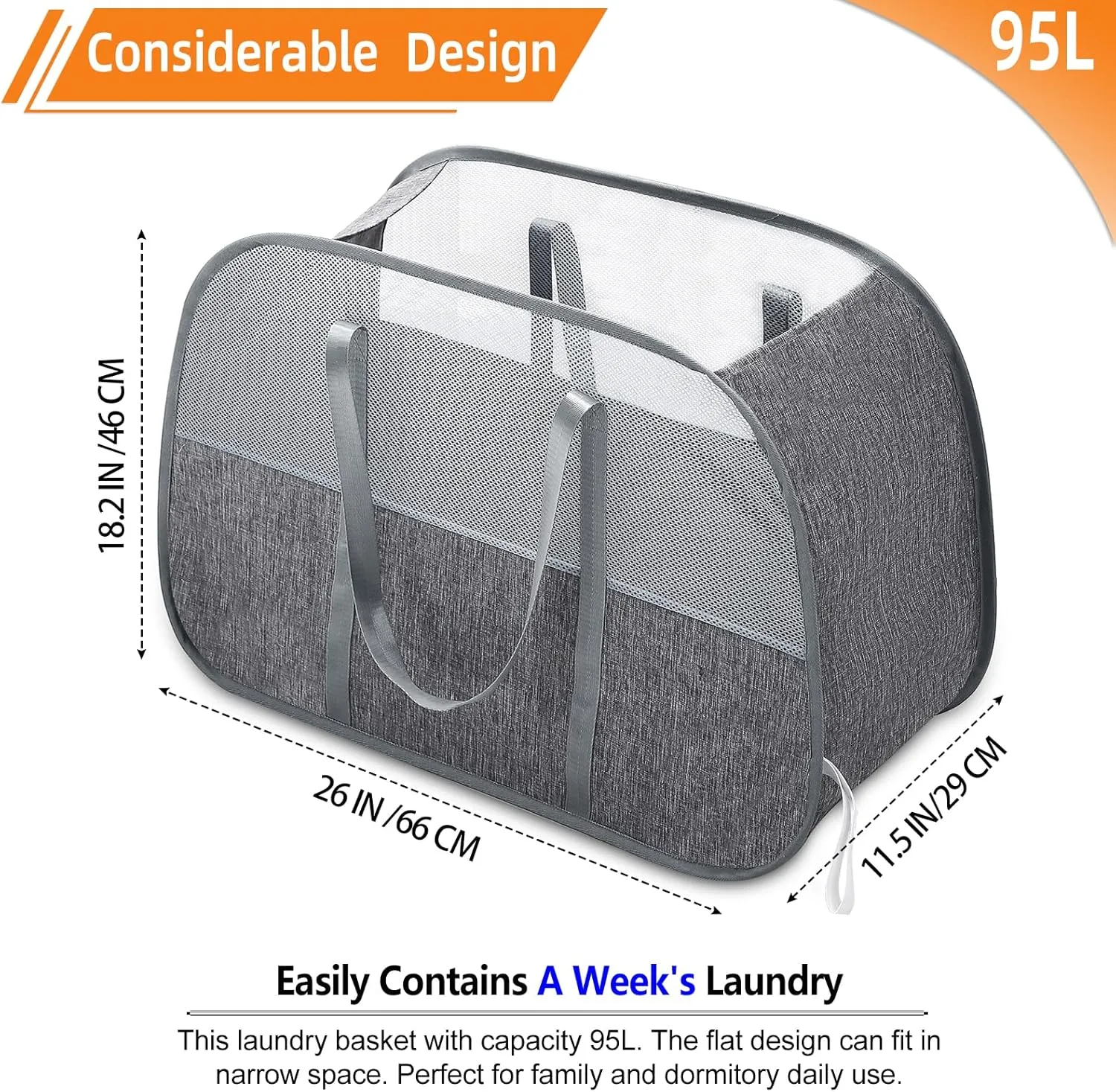 Collapsible Laundry Baskets with Easy Carry Handles, 95L Clothes Hamper for Storage, Foldable Laundry Basket Tear-proof, Large Pop Up Hampers for Laundry, Bedroom, Bathroom, Dorm Grey