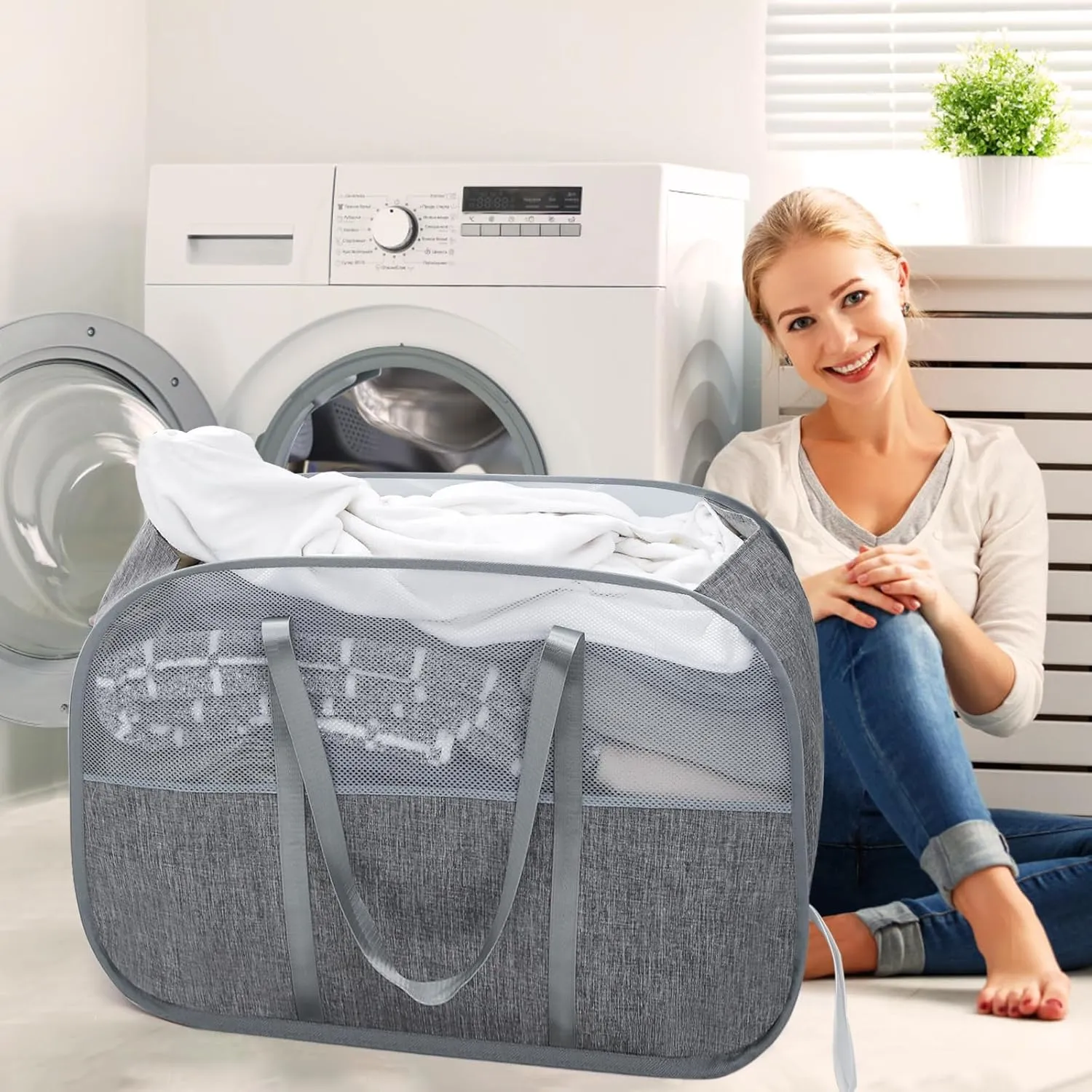 Collapsible Laundry Baskets with Easy Carry Handles, 95L Clothes Hamper for Storage, Foldable Laundry Basket Tear-proof, Large Pop Up Hampers for Laundry, Bedroom, Bathroom, Dorm Grey