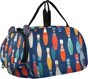 Colorful Bowling Pin Duffle Bag for Kids Girls Boys, Sports Gym Bag with Shoe Compartments, Kids Travel Overnight Weekender Shoulder Bag