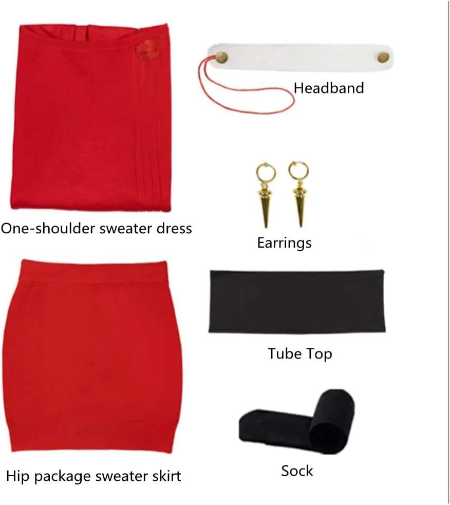 COLSA Women Cosplay Costume Anime Red Sweater Uniform Halloween Outfits Full Set With Earring