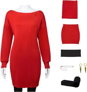 COLSA Women Cosplay Costume Anime Red Sweater Uniform Halloween Outfits Full Set With Earring