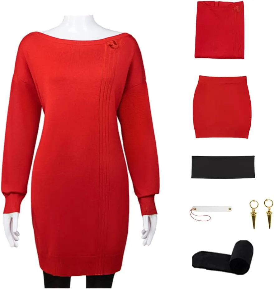 COLSA Women Cosplay Costume Anime Red Sweater Uniform Halloween Outfits Full Set With Earring