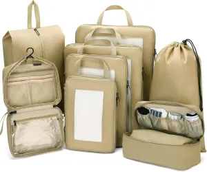 Compression Packing Cubes for Travel, 8 Set Packing Cubes with Toiletry Bag for Travel Accessories Luggage Suitcase Organizers Bag, Essentials or Women/Men (Tan,8pc)