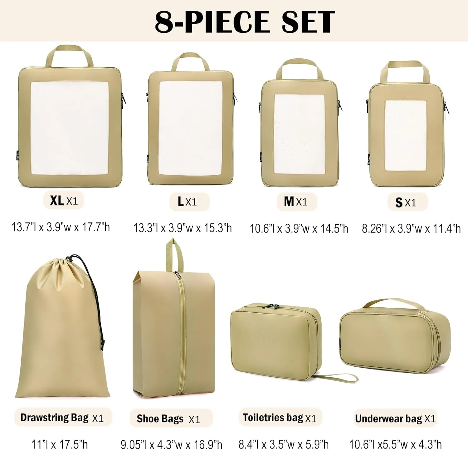 Compression Packing Cubes for Travel, 8 Set Packing Cubes with Toiletry Bag for Travel Accessories Luggage Suitcase Organizers Bag, Essentials or Women/Men (Tan,8pc)