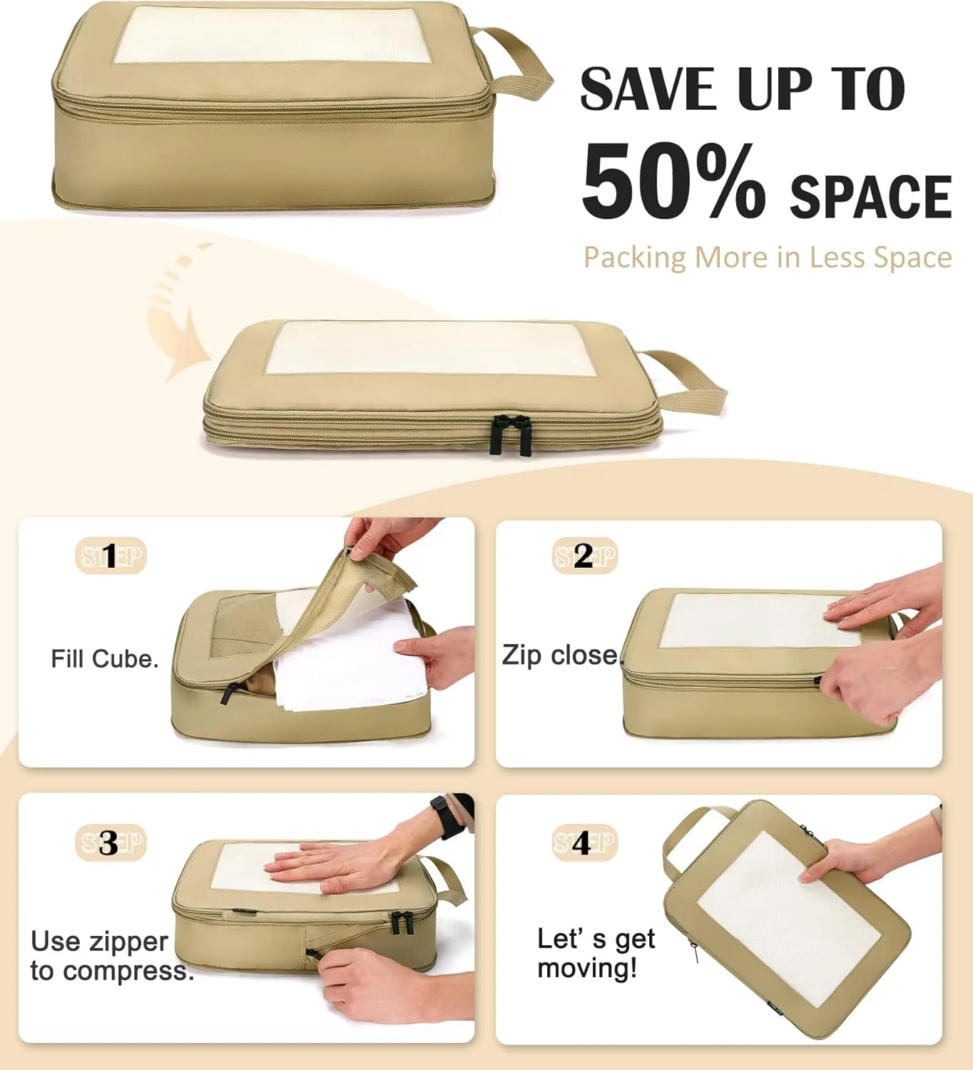 Compression Packing Cubes for Travel, 8 Set Packing Cubes with Toiletry Bag for Travel Accessories Luggage Suitcase Organizers Bag, Essentials or Women/Men (Tan,8pc)