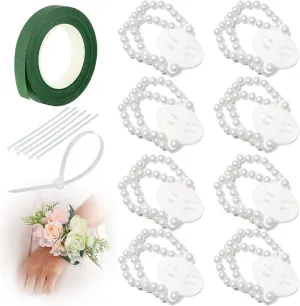 Corsage Wristlet Band 8Pcs Wrist Corsage Bracelets,Pearl Stretch Elastic Wristlets for Wedding Party Prom DIY Wrist Corsage Supplies