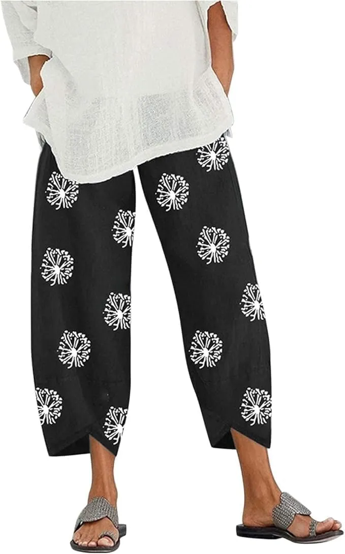 Costaric Cotton Linen Casual Summer Capri Pants Printed Cropped Comfy Baggy Trousers with Pockets Palazzo Lounge Pants