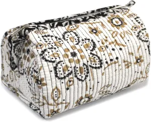 CRAFT KALA Toiletry Bag Water-resistant Makeup Bag Set, Quilted Makeup Bag, Large Floral Cosmetic Bag for Women, Cute Cotton Makeup Bags, Flower Travel Toiletry Organizer Bag (Beige, Small)