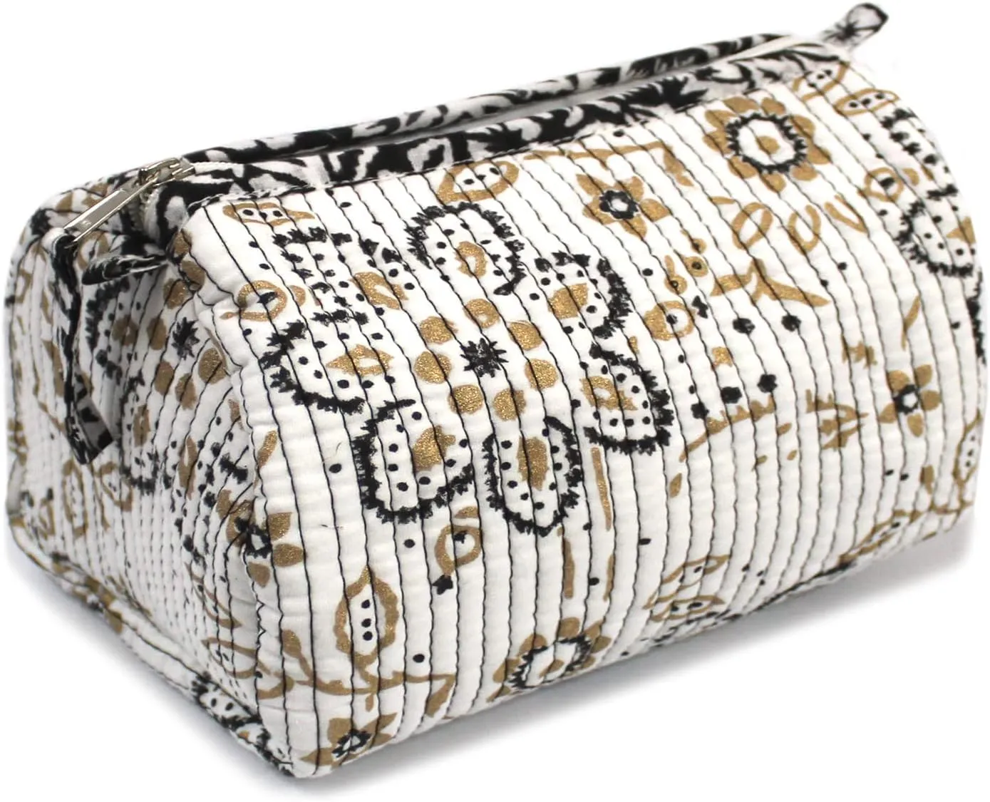 CRAFT KALA Toiletry Bag Water-resistant Makeup Bag Set, Quilted Makeup Bag, Large Floral Cosmetic Bag for Women, Cute Cotton Makeup Bags, Flower Travel Toiletry Organizer Bag (Beige, Small)