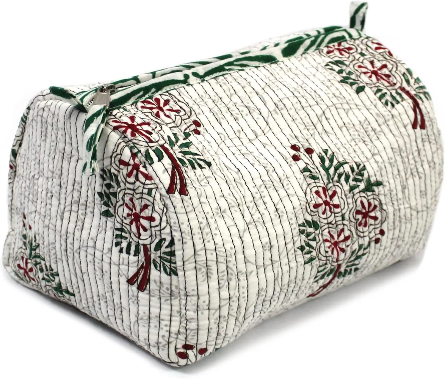 CRAFT KALA Toiletry Bag Water-resistant Makeup Bag Set, Quilted Makeup Bag, Large Floral Cosmetic Bag for Women, Cute Cotton Makeup Bags, Flower Travel Toiletry Organizer Bag (White And Green,Small)