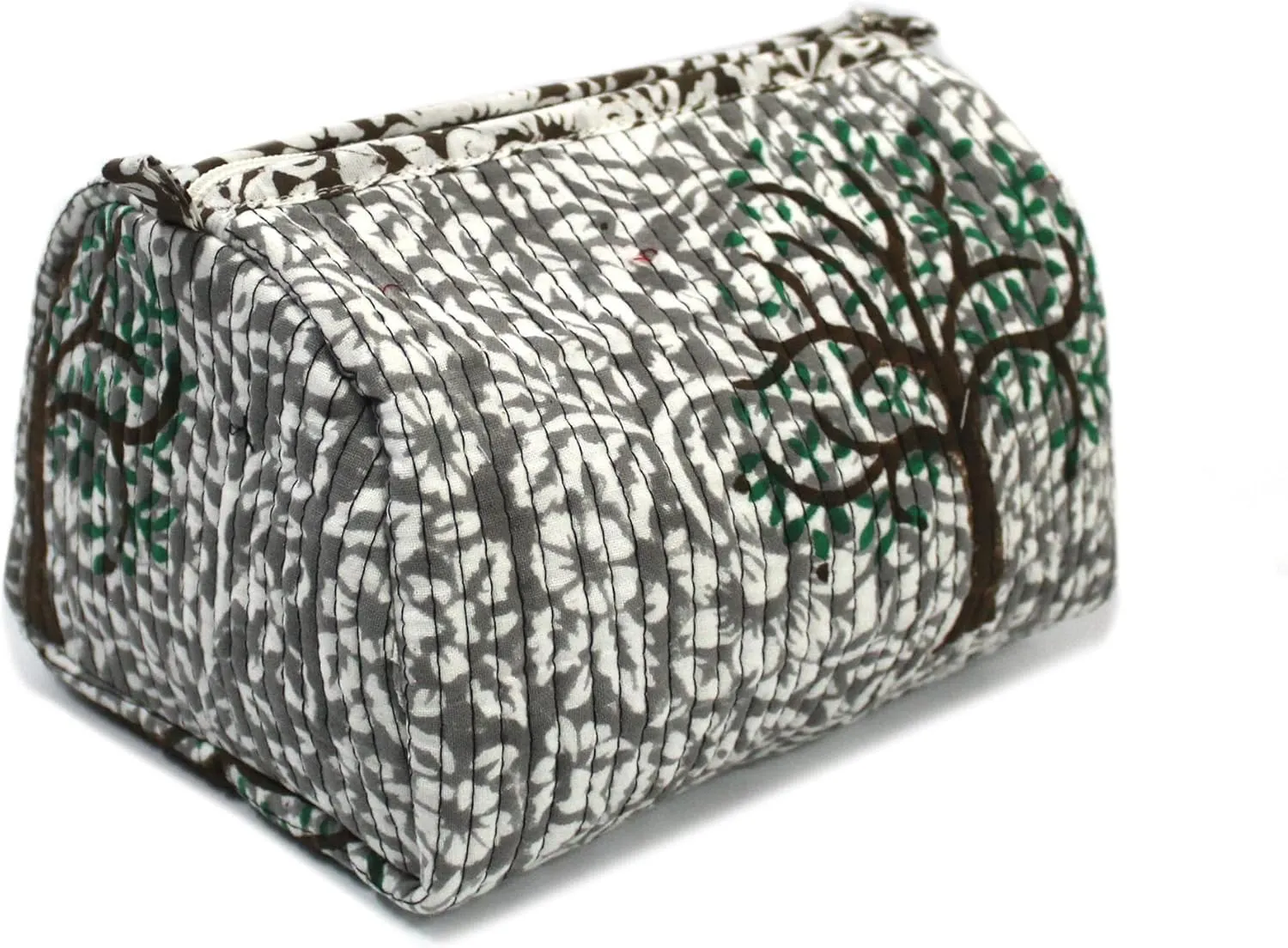 CRAFT KALA Toiletry Bag Water-resistant Makeup Bag Set, Quilted Makeup Bag, Large Floral Cosmetic Bag for Women, Cute Cotton Makeup Bags, Flower Travel Toiletry Organizer Bag (White And Grey, Small)