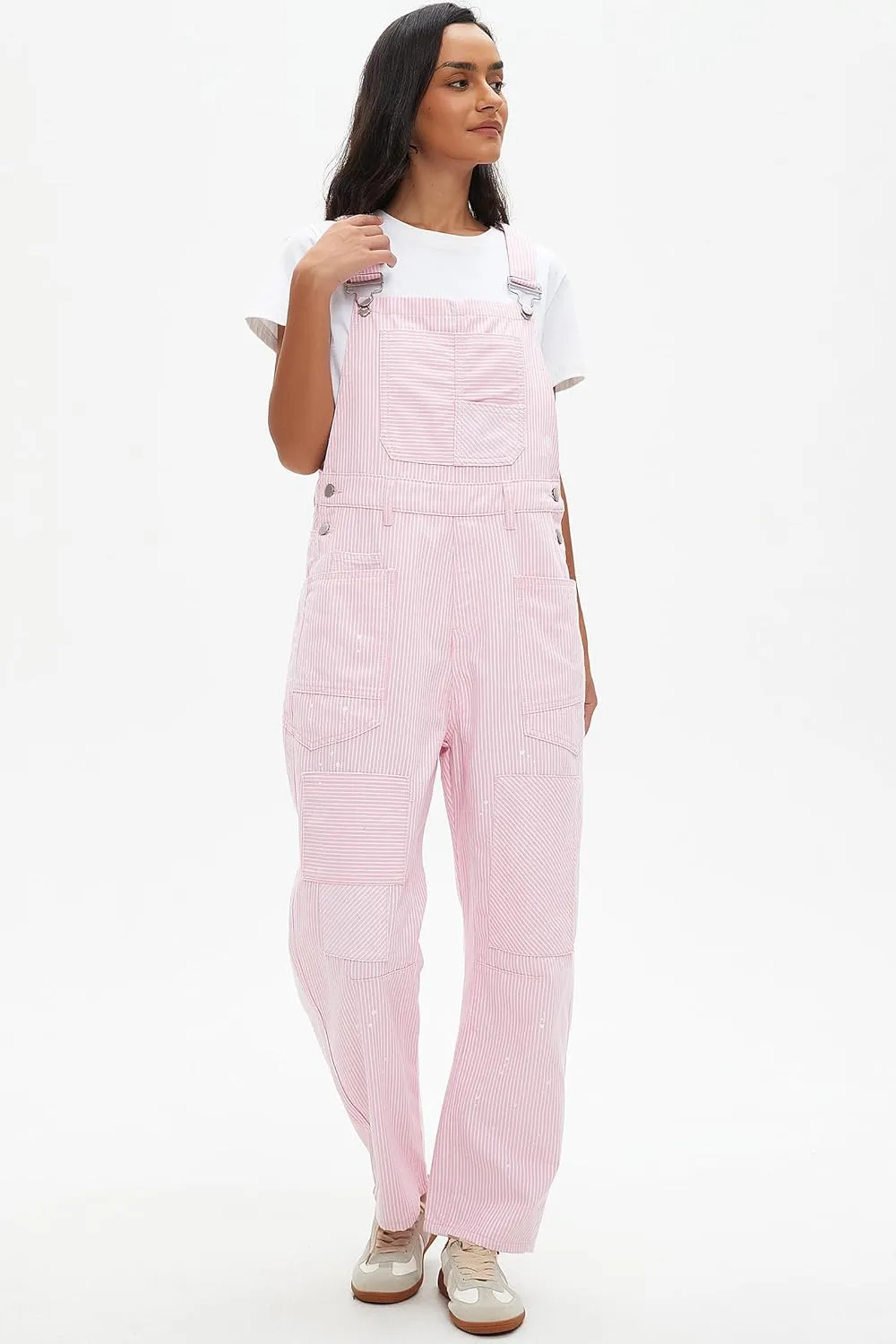D-Sun Women's Striped Overall Casual Wide Leg Barrel Bib Overall Pants Adjustable Straps Romper Stretch Jumpsuits