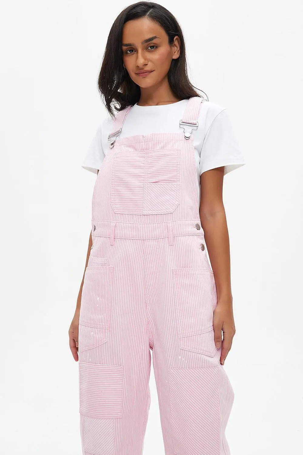 D-Sun Women's Striped Overall Casual Wide Leg Barrel Bib Overall Pants Adjustable Straps Romper Stretch Jumpsuits