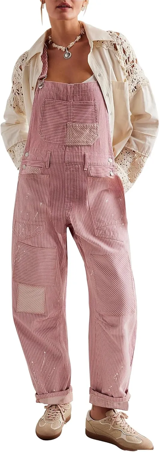 D-Sun Women's Striped Overall Casual Wide Leg Barrel Bib Overall Pants Adjustable Straps Romper Stretch Jumpsuits