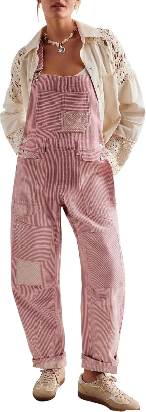 D-Sun Women's Striped Overall Casual Wide Leg Barrel Bib Overall Pants Adjustable Straps Romper Stretch Jumpsuits