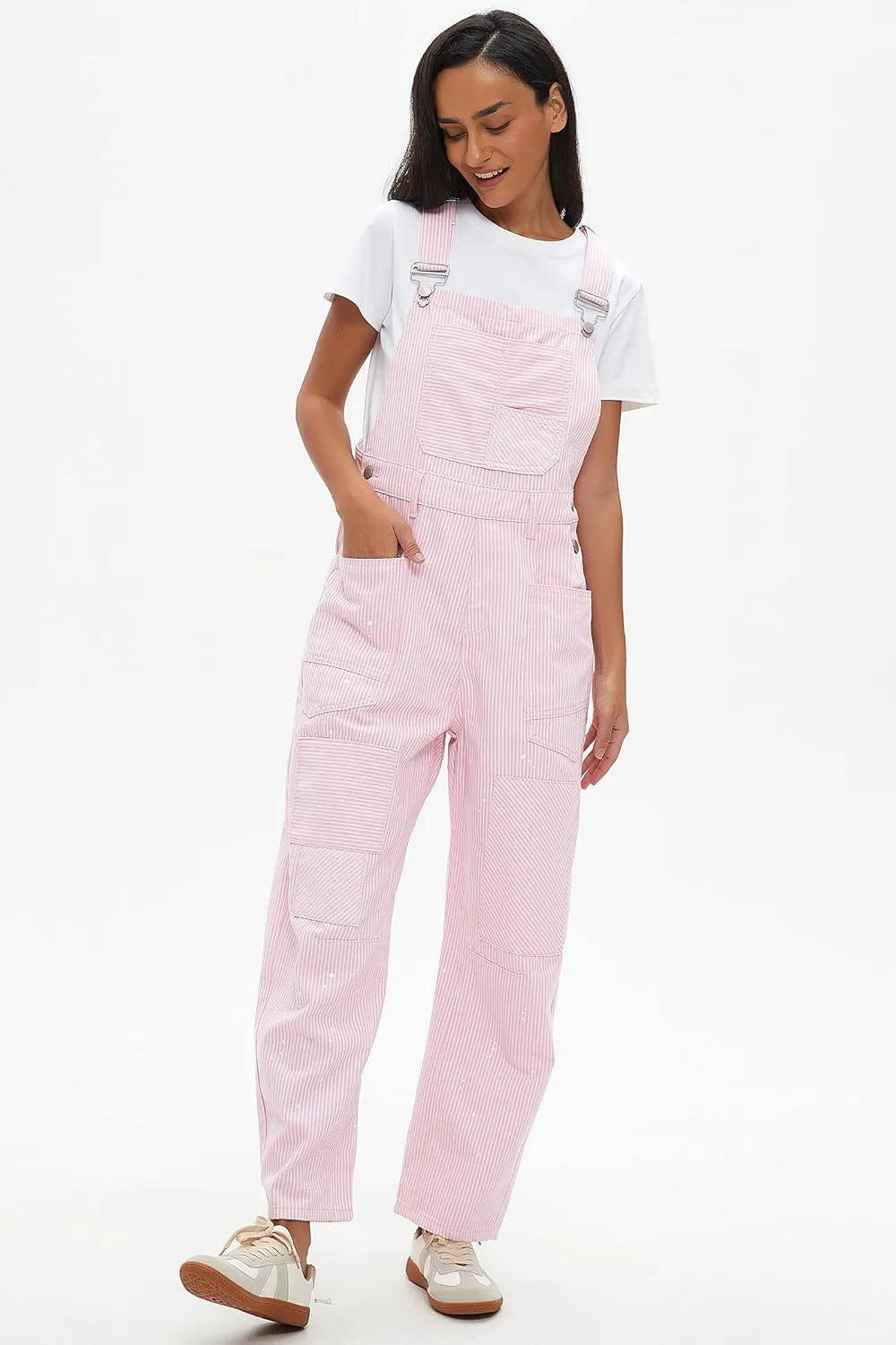 D-Sun Women's Striped Overall Casual Wide Leg Barrel Bib Overall Pants Adjustable Straps Romper Stretch Jumpsuits