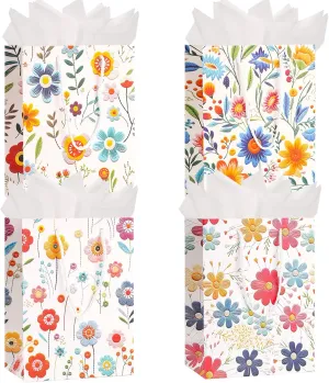 Dimetey Medium Gift Bags for Present,4pcs 9" Flower Printed Bags with Handles & Tissue for Gilr Women's Birthday, Weddings,Mothers Day,Christams & Other Occasion