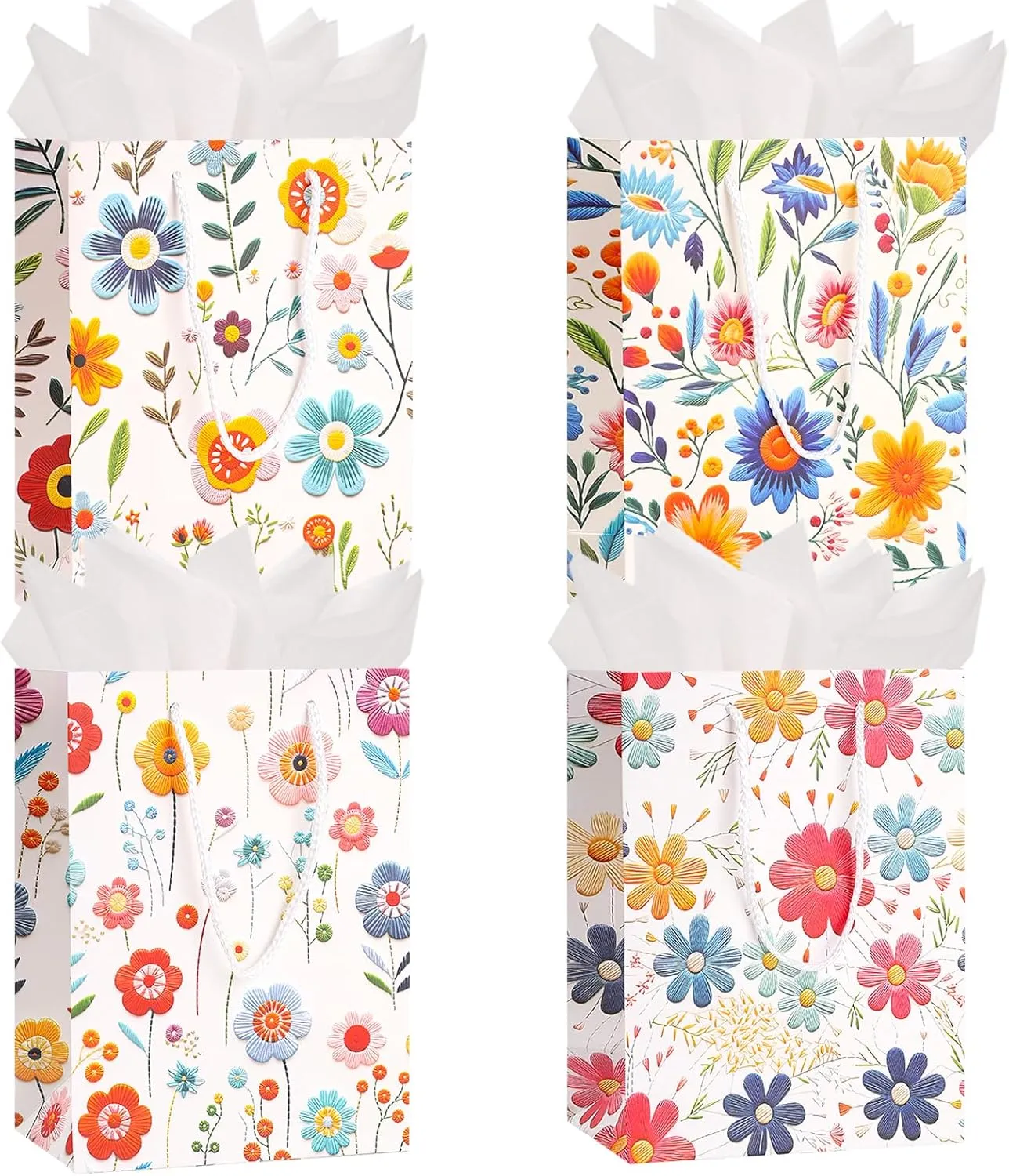 Dimetey Medium Gift Bags for Present,4pcs 9" Flower Printed Bags with Handles & Tissue for Gilr Women's Birthday, Weddings,Mothers Day,Christams & Other Occasion