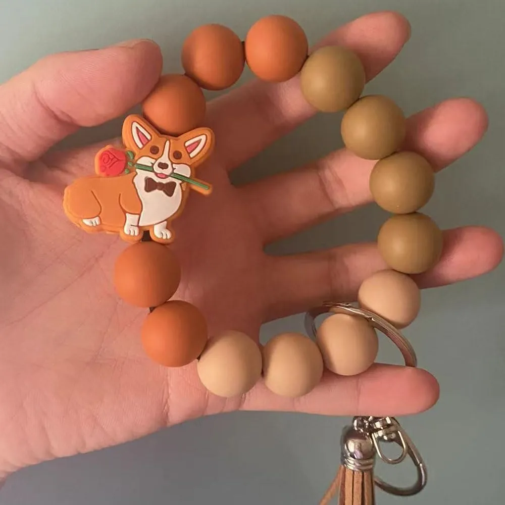 Dog Keychain Wristlet Weiner Dog Corigi Raccoon Gifts Silicone Bead Animal Key Chain Bracelets