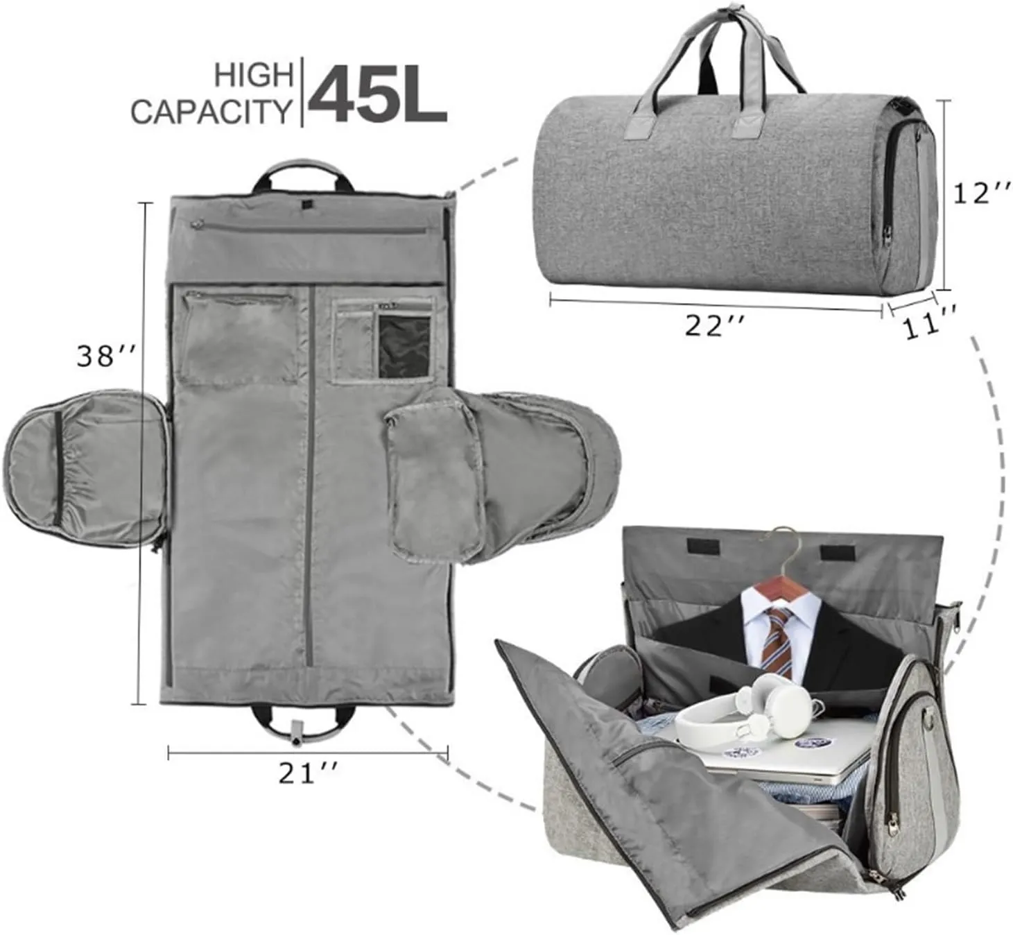 Duffel Bag Carry On Garment Duffel Bag for Men Women 2 in 1 Hanging Suitcase Suit Business Travel Bags Overnight Bag Travel (Color : B, Size : 22 * 11 * 12in)