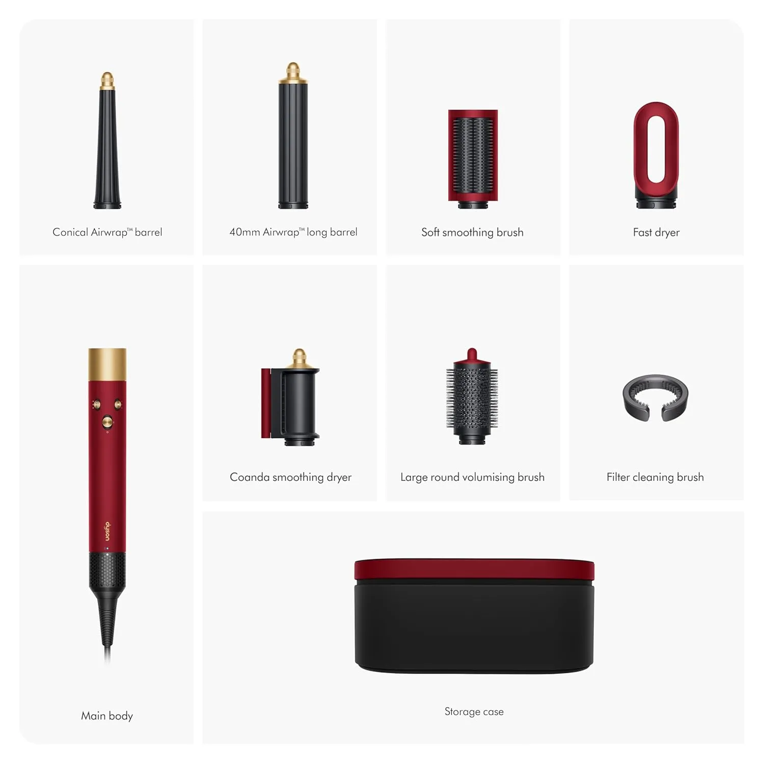 Dyson Airwrap I.D. Multi-Styler HS08 (Red Velvet & Gold, 1300W, Bluetooth Enabled, 6 Attachments, No Heat Damage, Limited Edition)