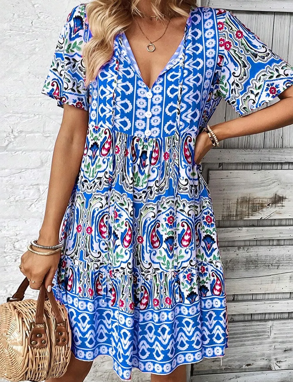 Ecosunny Women's Summer Boho Mini Dress Floral Print V Neck Short Sleeve Ruffle Flowy Loose Casual Babydoll Beach Dresses