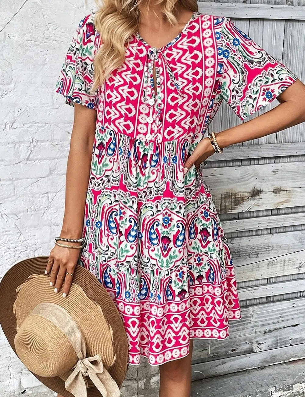 Ecosunny Women's Summer Boho Mini Dress Floral Print V Neck Short Sleeve Ruffle Flowy Loose Casual Babydoll Beach Dresses