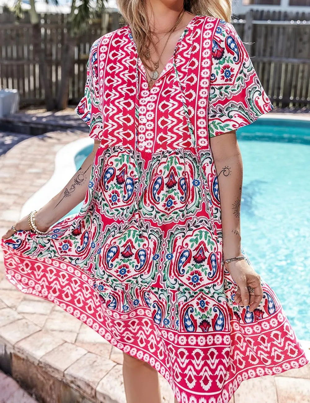 Ecosunny Women's Summer Boho Mini Dress Floral Print V Neck Short Sleeve Ruffle Flowy Loose Casual Babydoll Beach Dresses