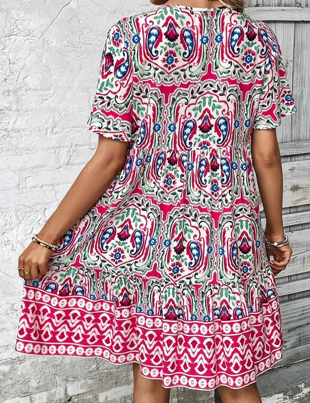 Ecosunny Women's Summer Boho Mini Dress Floral Print V Neck Short Sleeve Ruffle Flowy Loose Casual Babydoll Beach Dresses