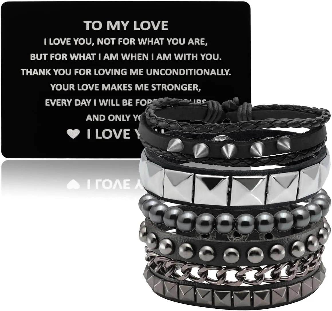 Eigso 4 Pcs Punk Leather Rock Studded Bracelets for Men Women Retro Classic Spiked Metal Cuff Bracelet Set for Man Woman