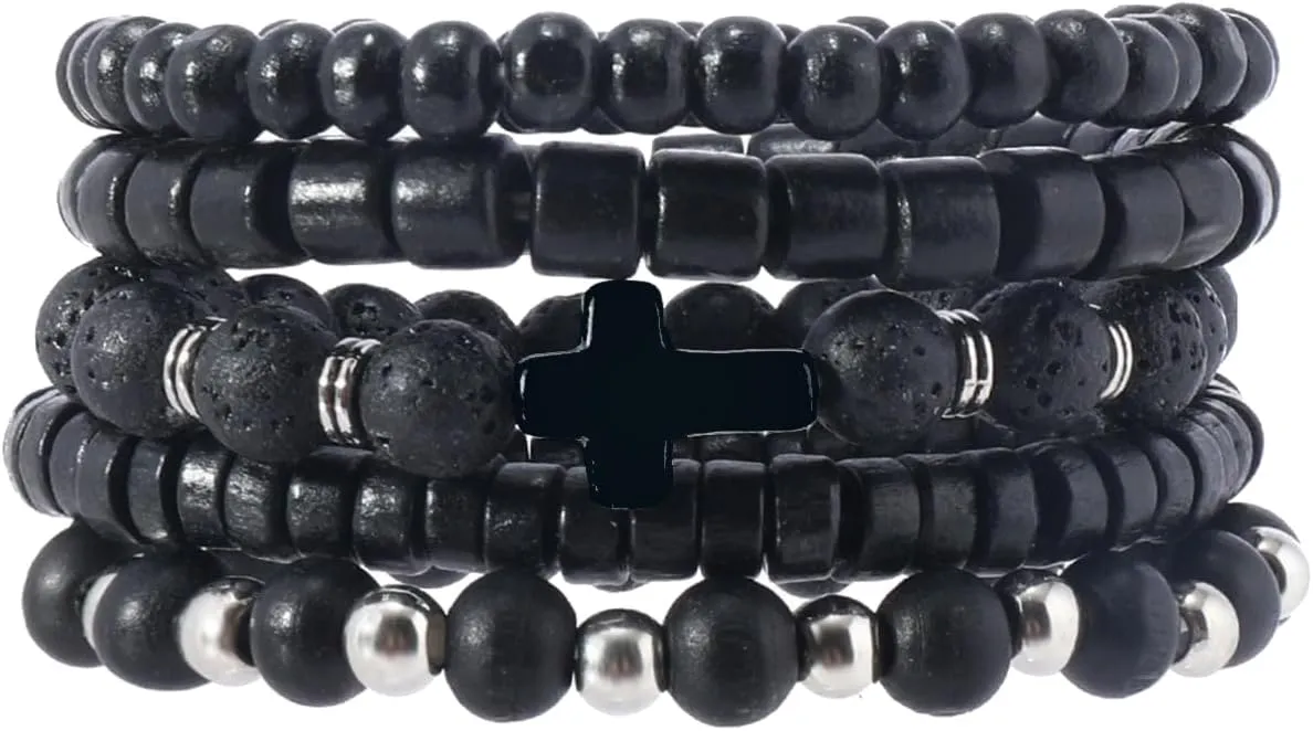Eigso 6Pcs Wooden Beads Cuff Bracelets for Women Men Unisex Tibetan Buddhist Wrap Wood Wristband Bangle for Woman Man