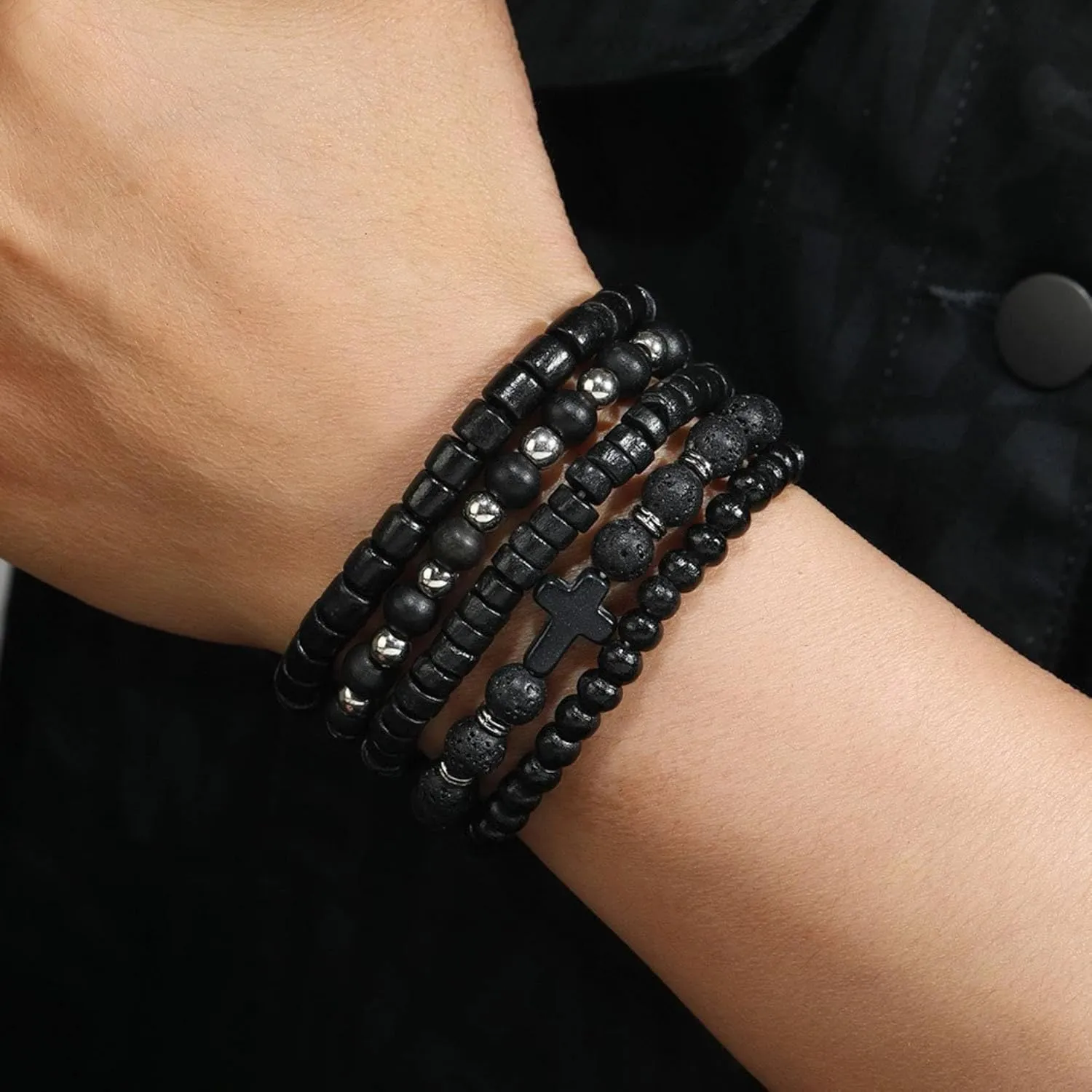 Eigso 6Pcs Wooden Beads Cuff Bracelets for Women Men Unisex Tibetan Buddhist Wrap Wood Wristband Bangle for Woman Man