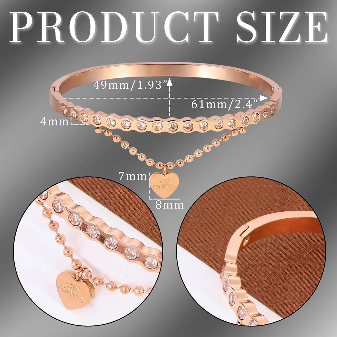 Eigso Womens 4MM Gold Gothic Cuff Bracelets Y2K Rhinestone Heart Wristbands for Woman Thin Bangles