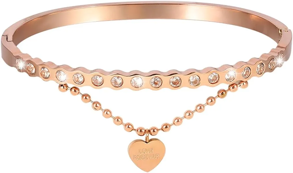 Eigso Womens 4MM Gold Gothic Cuff Bracelets Y2K Rhinestone Heart Wristbands for Woman Thin Bangles