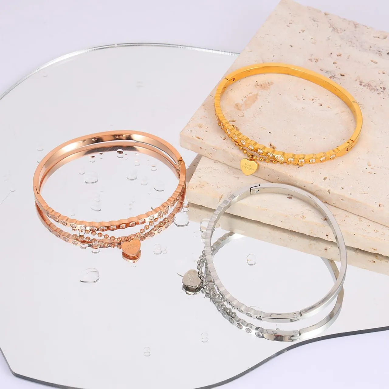 Eigso Womens 4MM Gold Gothic Cuff Bracelets Y2K Rhinestone Heart Wristbands for Woman Thin Bangles