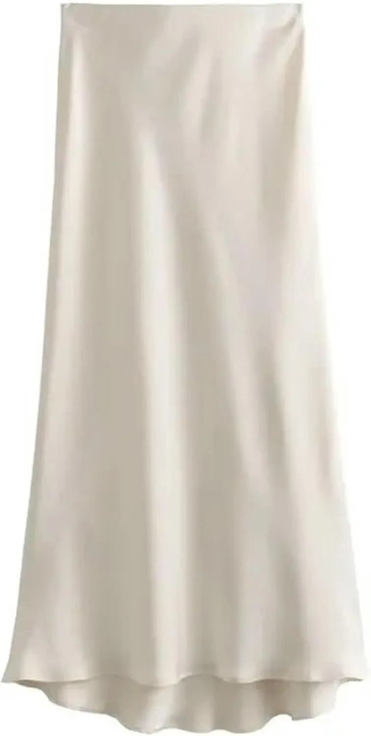 Elegant Satin Women Long Skirts Summer Elastic High Waisted A-Line Casual Swing Office Female Skirt Y2K-01-Skirts-L