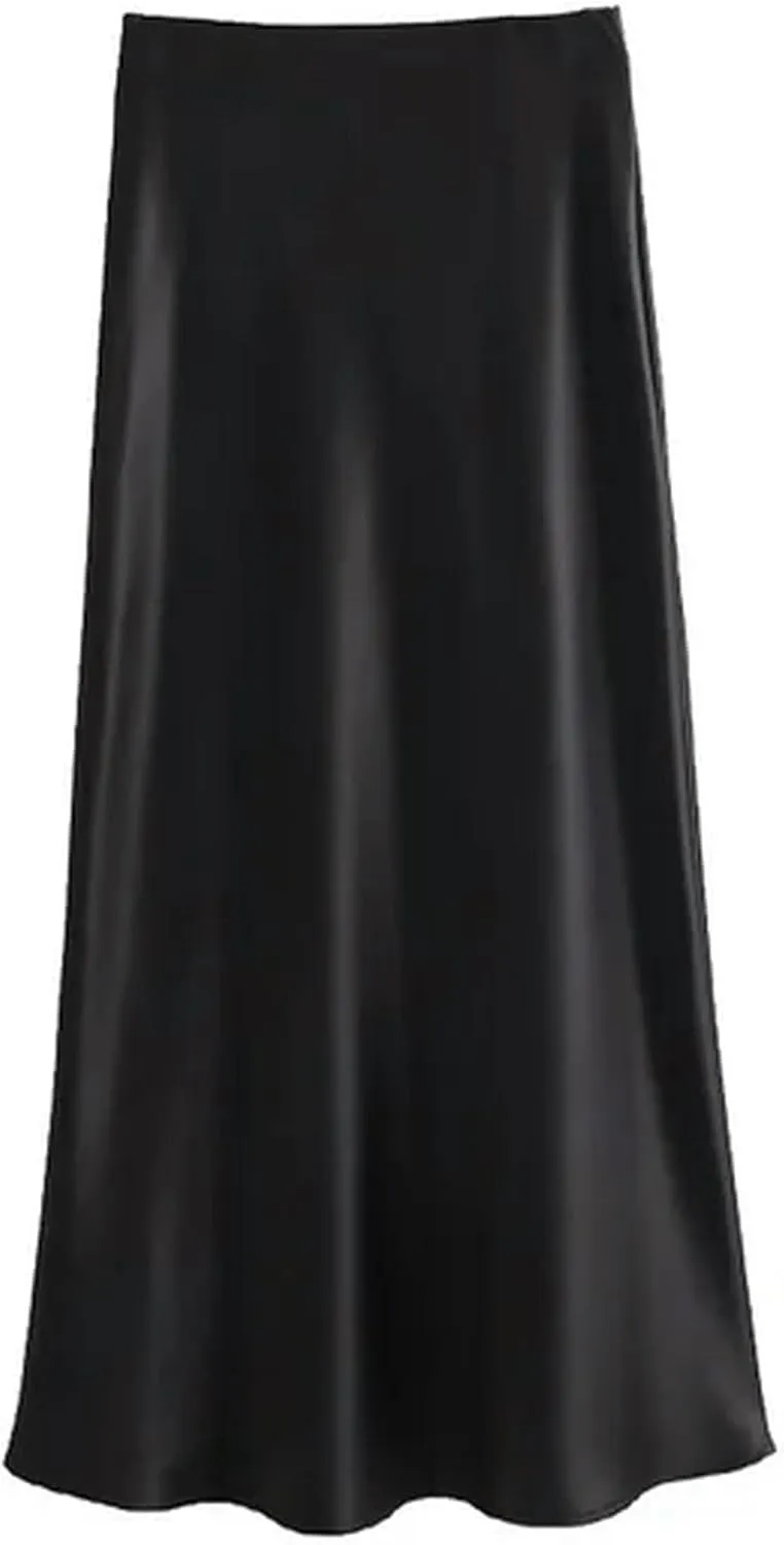 Elegant Satin Women Long Skirts Summer Elastic High Waisted A-Line Casual Swing Office Female Skirt Y2K-01-Skirts-L