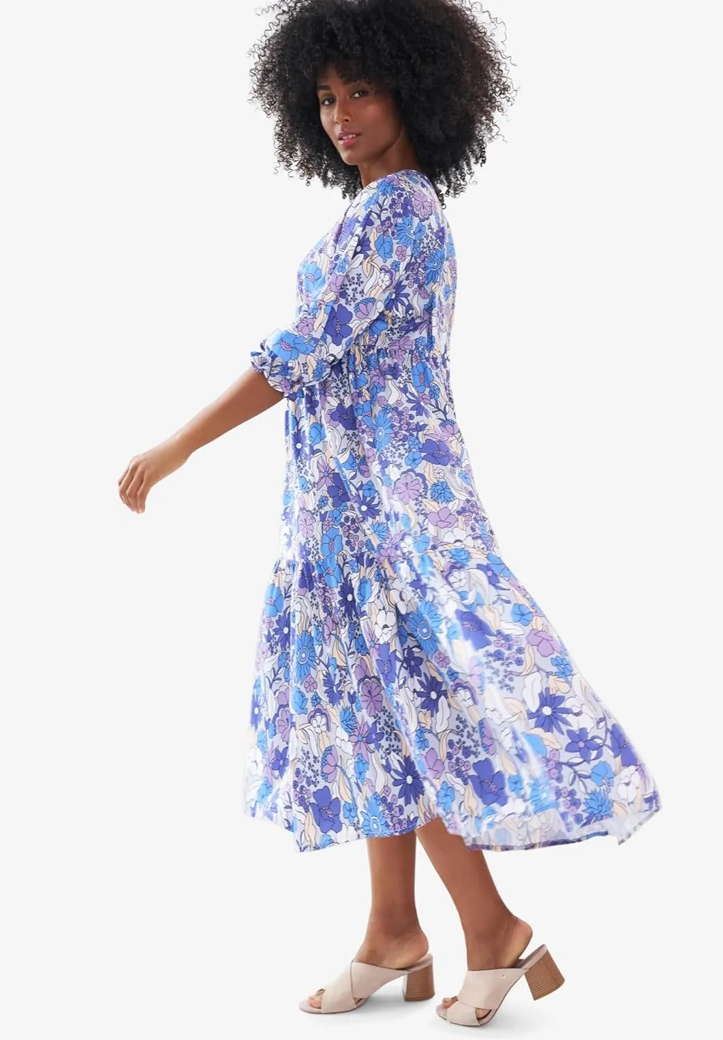 ellos Women's Plus Size V-Neck Tiered Midi Dress