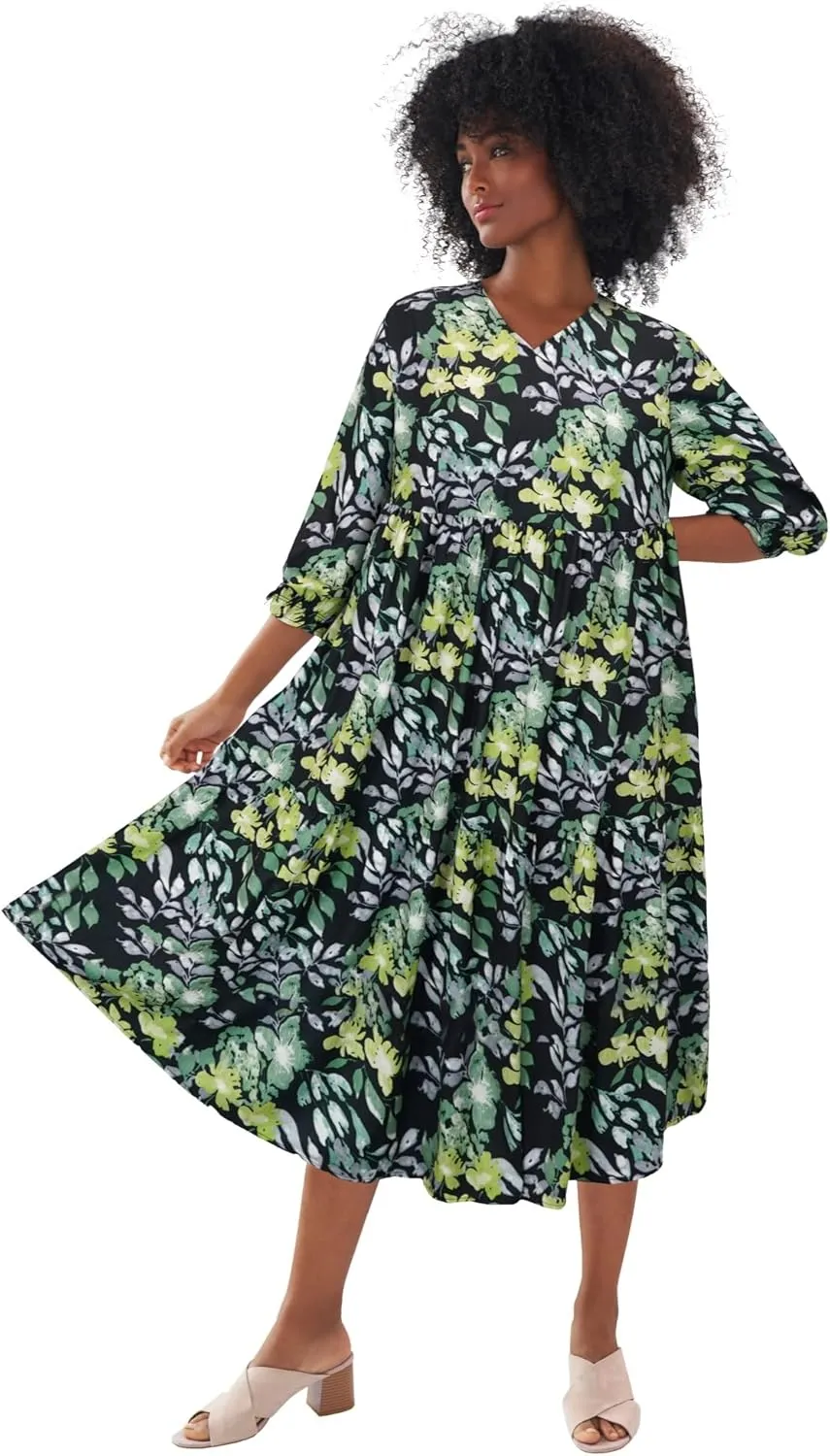 ellos Women's Plus Size V-Neck Tiered Midi Dress