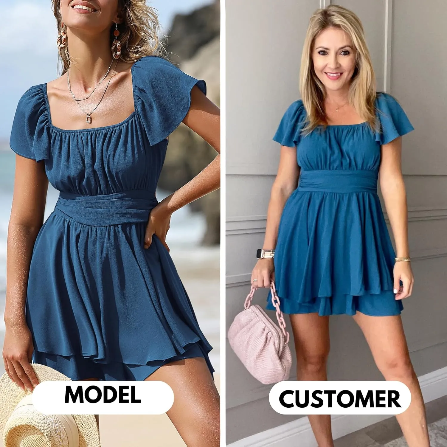 EXLURA Women's 2025 Summer Ruffle Short Sleeve Tie Back Romper Dress Square Neck A Line Cute Dressy Short Jumpsuits