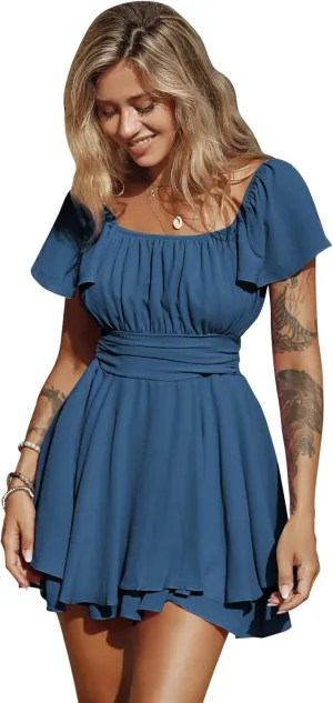 EXLURA Women's 2025 Summer Ruffle Short Sleeve Tie Back Romper Dress Square Neck A Line Cute Dressy Short Jumpsuits