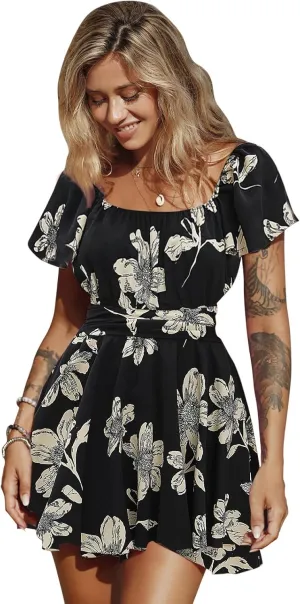 EXLURA Women's 2025 Summer Ruffle Short Sleeve Tie Back Romper Dress Square Neck A Line Cute Dressy Short Jumpsuits