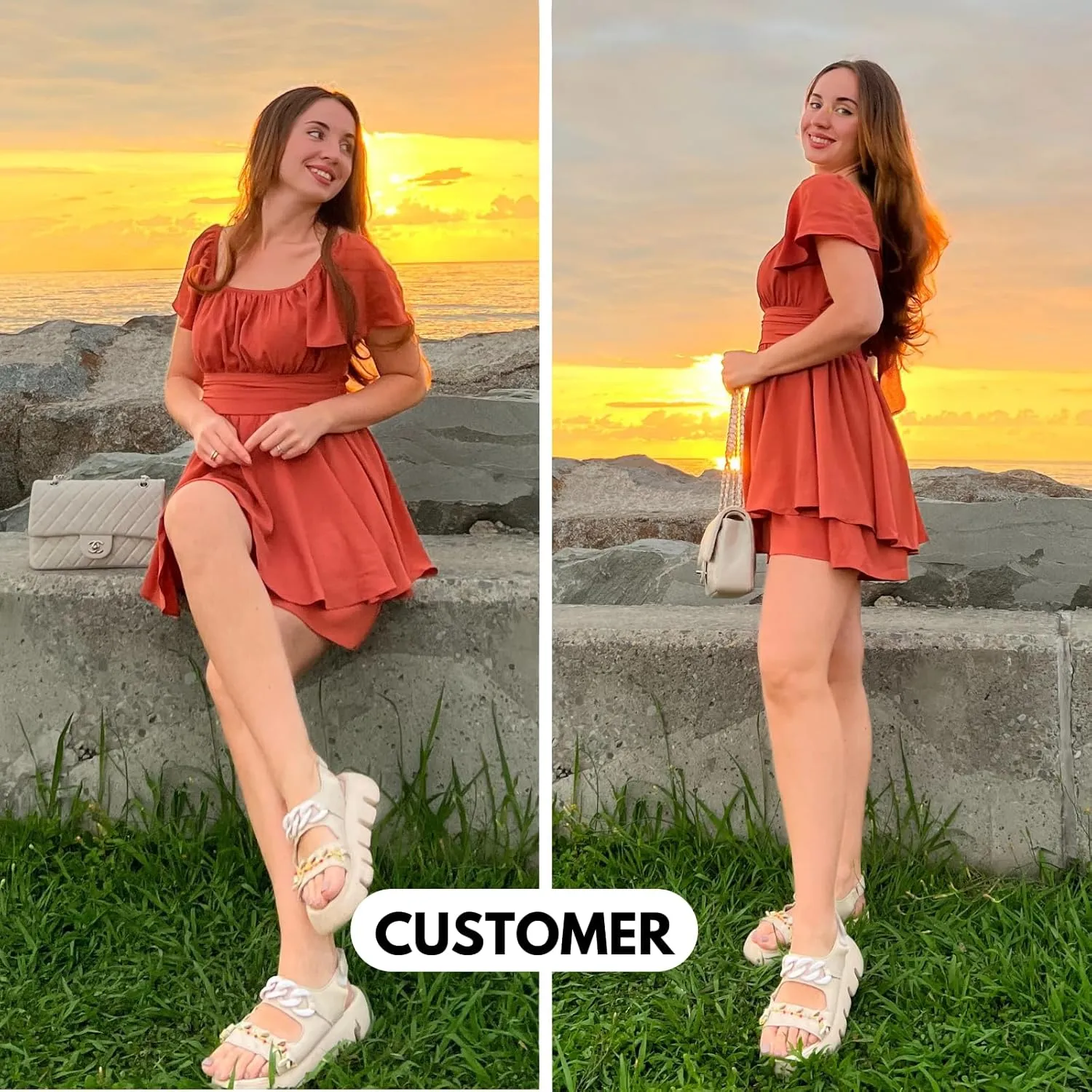 EXLURA Women's 2025 Summer Ruffle Short Sleeve Tie Back Romper Dress Square Neck A Line Cute Dressy Short Jumpsuits