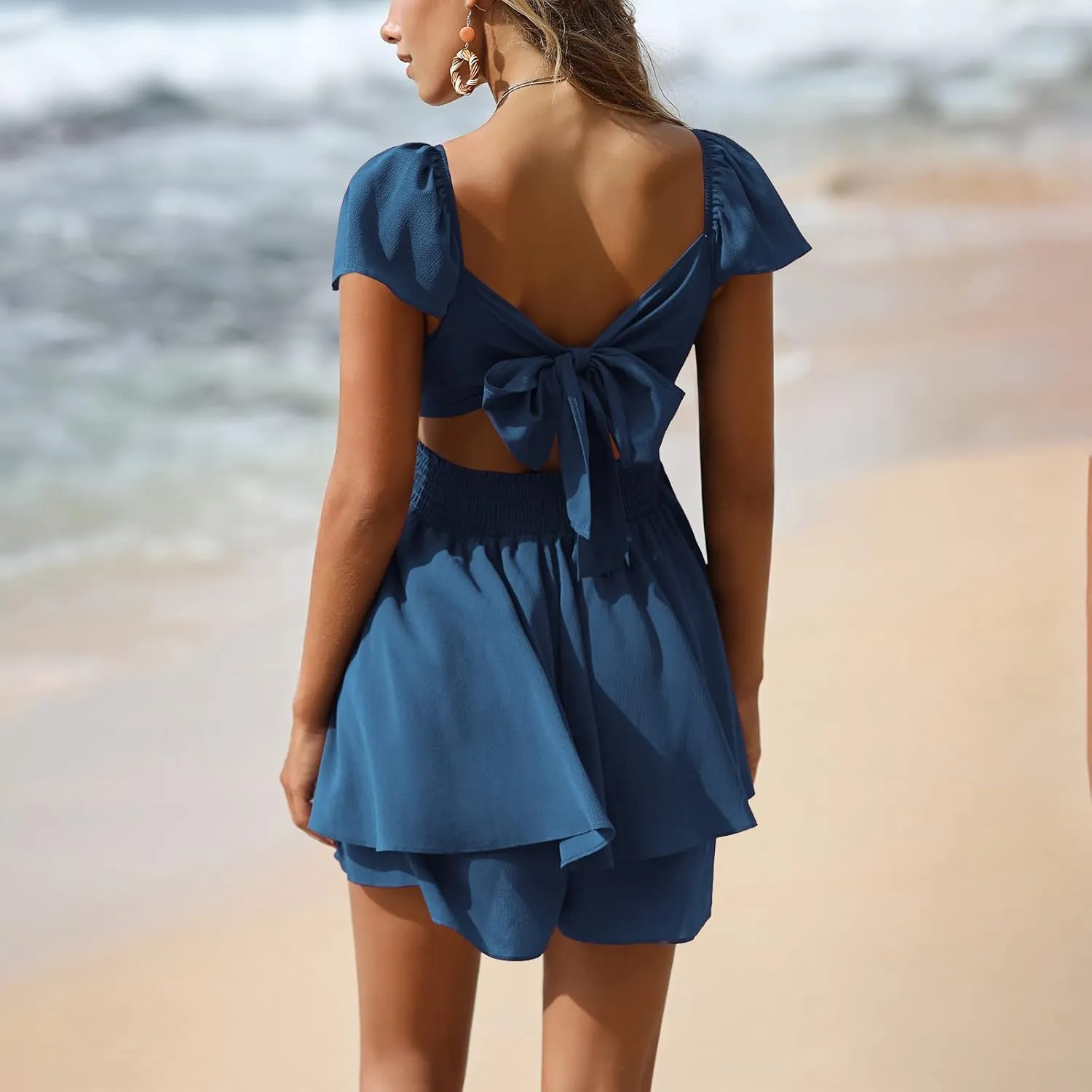 EXLURA Women's 2025 Summer Ruffle Short Sleeve Tie Back Romper Dress Square Neck A Line Cute Dressy Short Jumpsuits