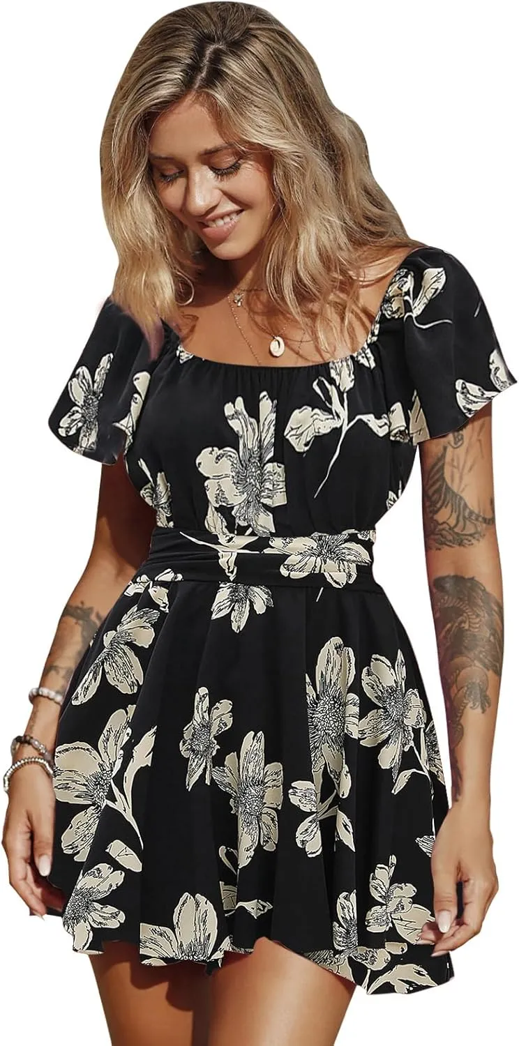 EXLURA Women's 2025 Summer Ruffle Short Sleeve Tie Back Romper Dress Square Neck A Line Cute Dressy Short Jumpsuits