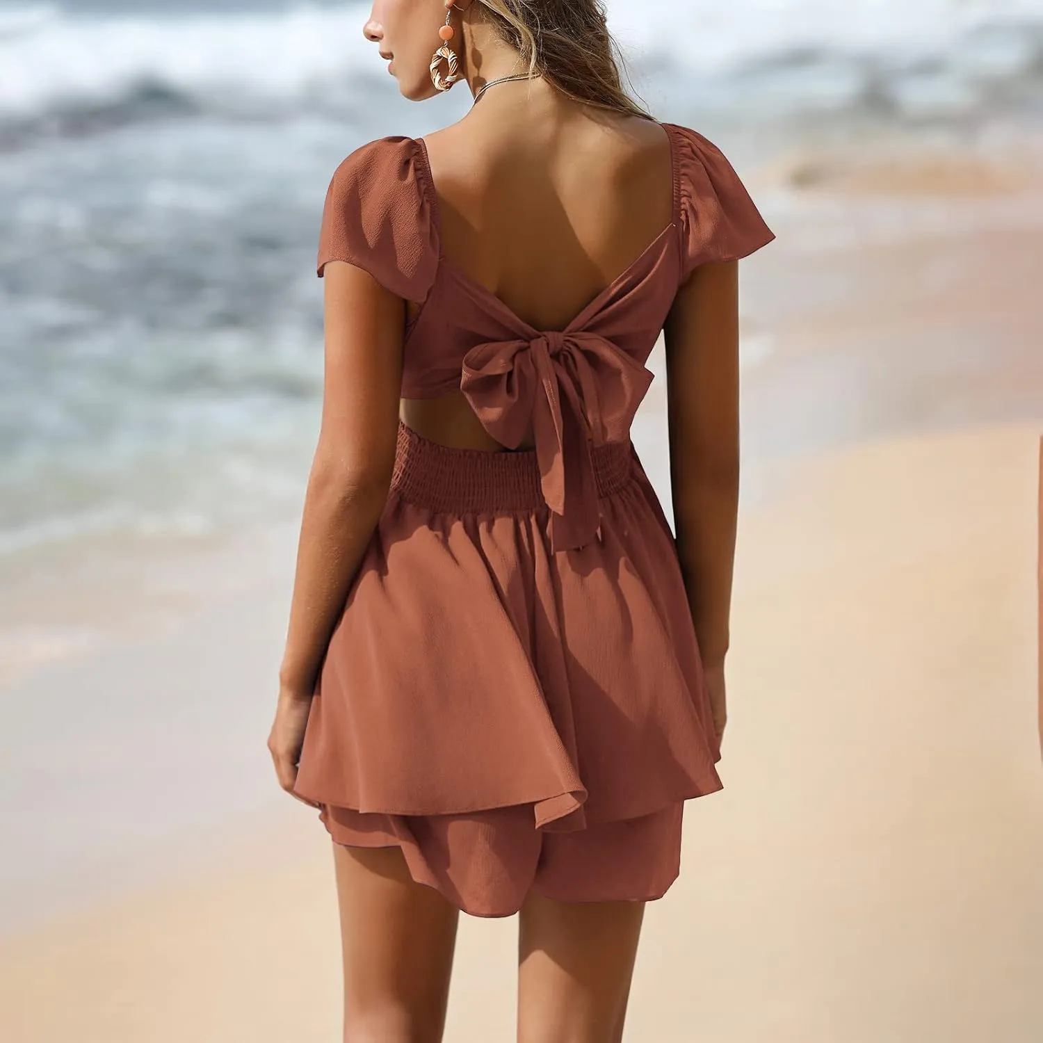 EXLURA Women's 2025 Summer Ruffle Short Sleeve Tie Back Romper Dress Square Neck A Line Cute Dressy Short Jumpsuits