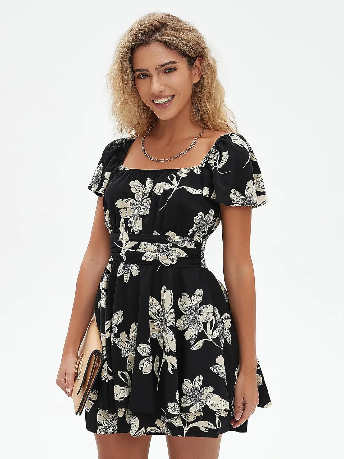 EXLURA Women's 2025 Summer Ruffle Short Sleeve Tie Back Romper Dress Square Neck A Line Cute Dressy Short Jumpsuits