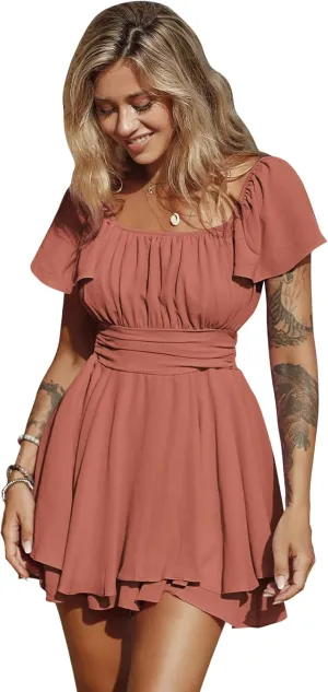 EXLURA Women's 2025 Summer Ruffle Short Sleeve Tie Back Romper Dress Square Neck A Line Cute Dressy Short Jumpsuits